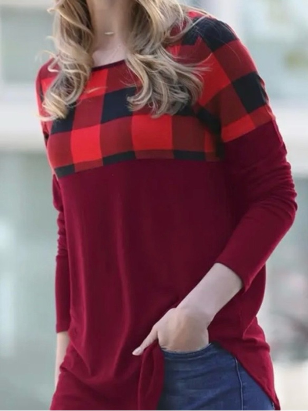 Zenana Outfitters Buffalo Plaid and burgundy, Layered-Look Top